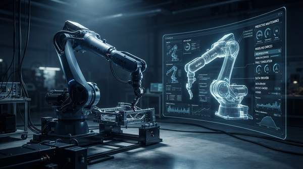 Editorial illustration for Digital Twins for Industrial Robots: Architecture, Modeling Choices, and the Path to Predictive Maintenance