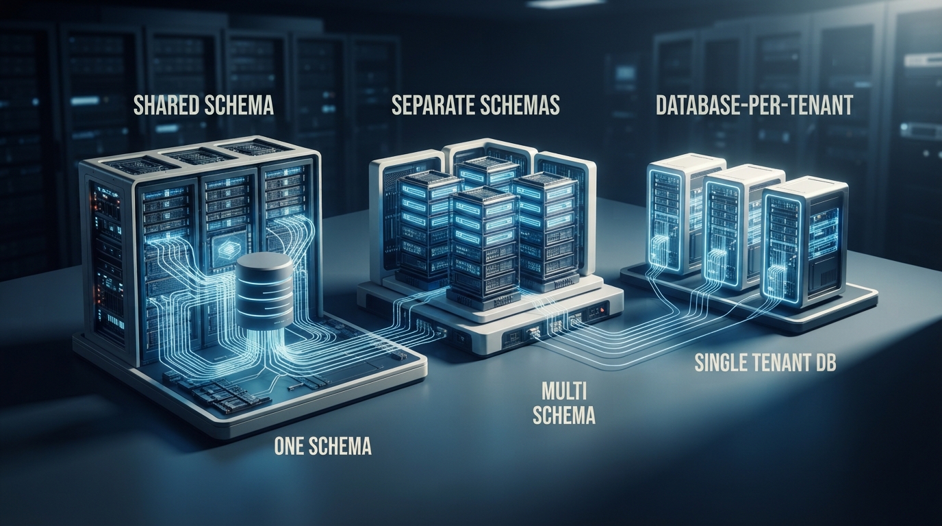 Editorial illustration for Shared Schema vs. Separate Schemas vs. Database-per-Tenant: Which Multi-Tenant Database Architecture Fits Your SaaS?